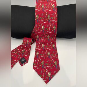 Paolo Gucci 100% Silk Tie Italy Red Fishing Theme 60x3.75” Novelty Vintage
